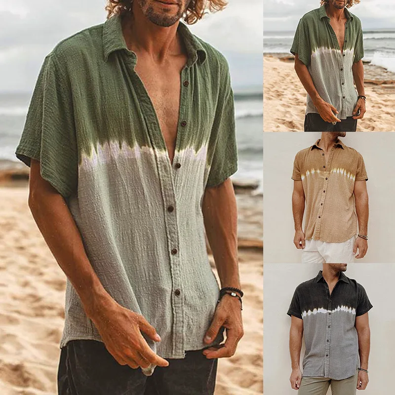 

2023 Summer Men's Cotton Linen Shirt Short Sleeve Casual Blouse Basic Tops Hemp Male Big Size Hawaiian Clothing