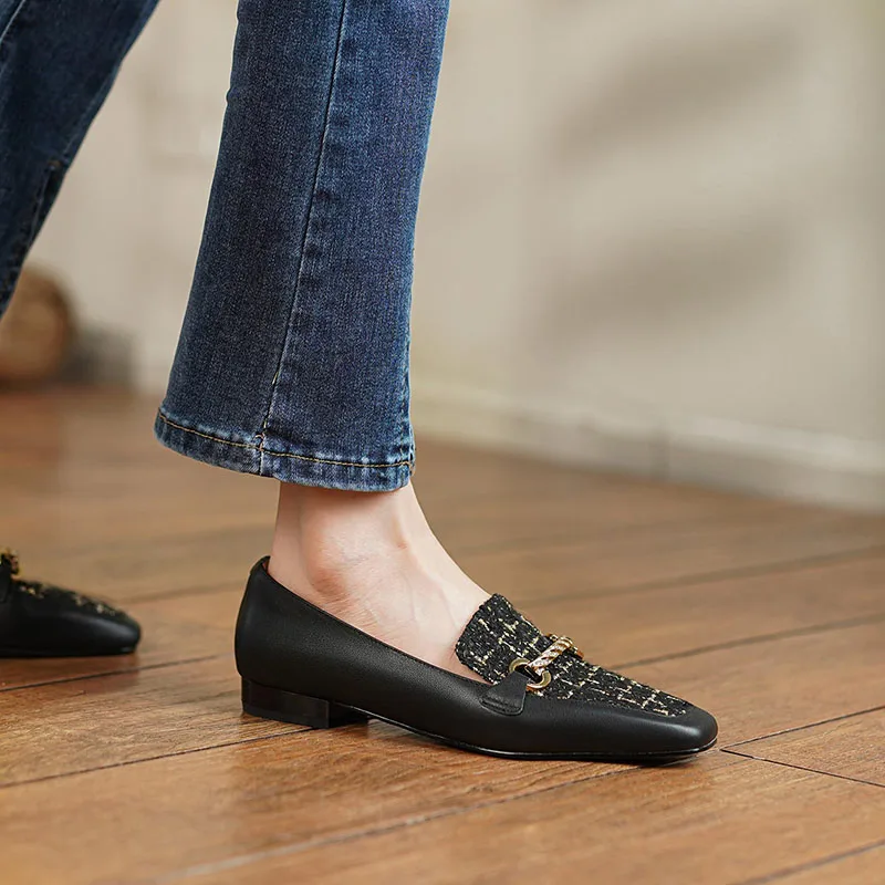 Mature Office Metal Bow Knot Ladies Lafers Flats Square Toe Autumn 2022 Slip On Low Woman Chunky Heels Pumps Business Shoes Size