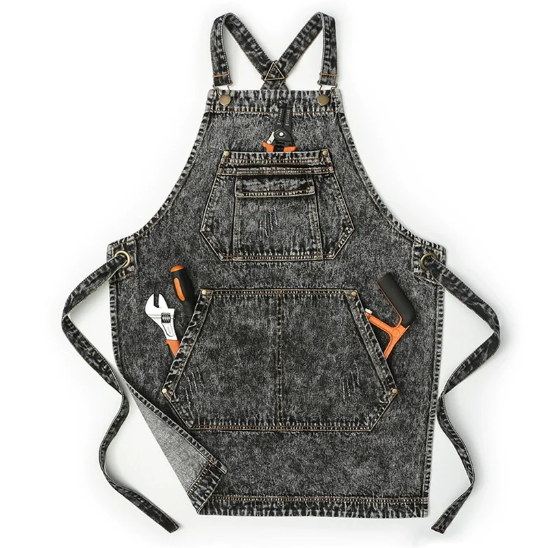 Горячая стирка воды черный синий джинсовый фартук Ресторан Кафе парикмахерский хлебобулочные запеченные Мужская и Женская рабочая одежда регулируемый пояс фартук