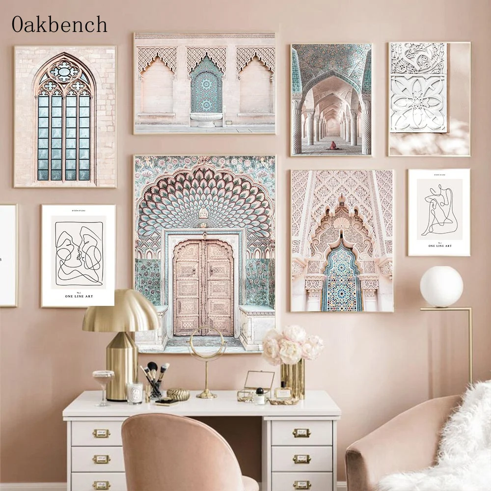 Плакат на холсте Исламской Архитектуры с изображением марокканской арочной двери, печать постеров мечети, религиозные печати, северные картинки на стену для домашнего декора.