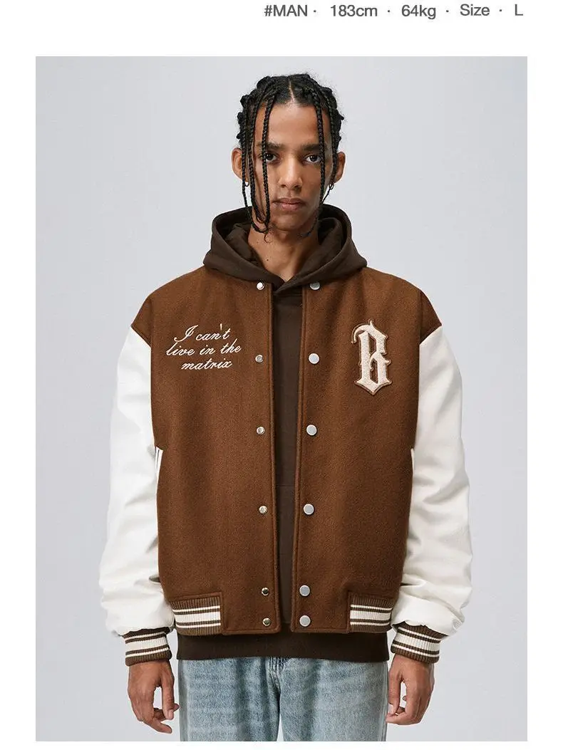 

Patchwork baseball jacket American vintage men's PU leather embroidered jacket jacket