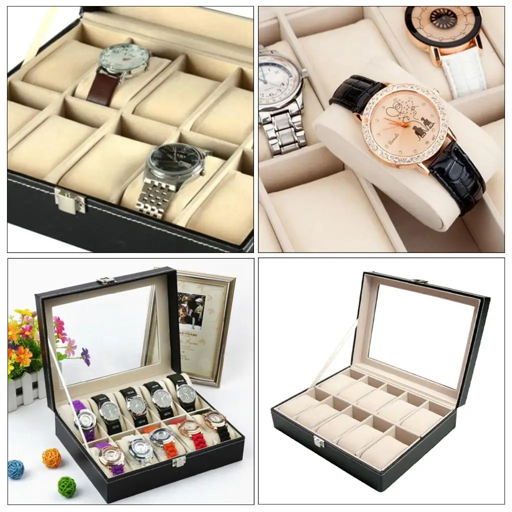 10 Slot PU Leather Watch Box Glass Top Watches Display Case Holder Multifunction Organizer Storage Strap Jewelry Boxes |