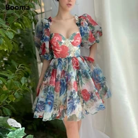 booma colorful painted print organza mini prom dresses sweetheart half puff sleeves above knee a line party dresses with pockets