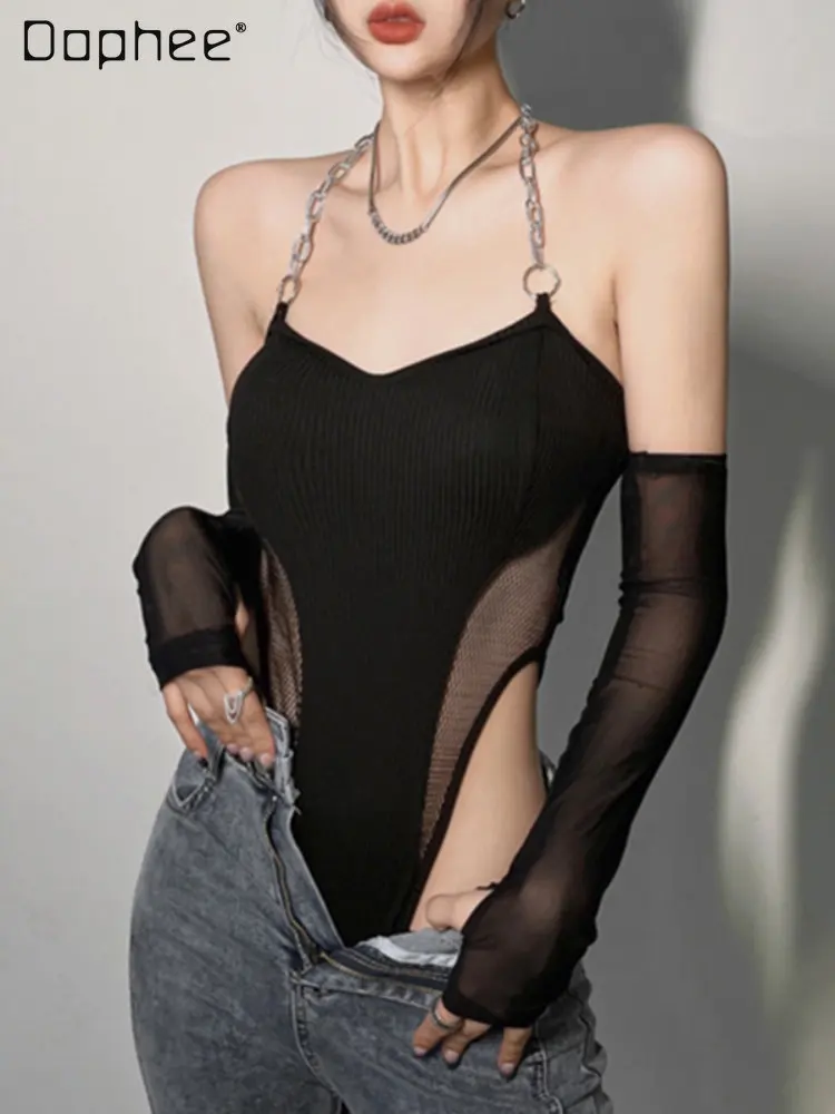 

Oversleeve Chain on Neck Thin Jumpsuit Streetwear 2023 Summer New Women's Mesh Stitching Hollow Knitted Sling Bottoming Shirt