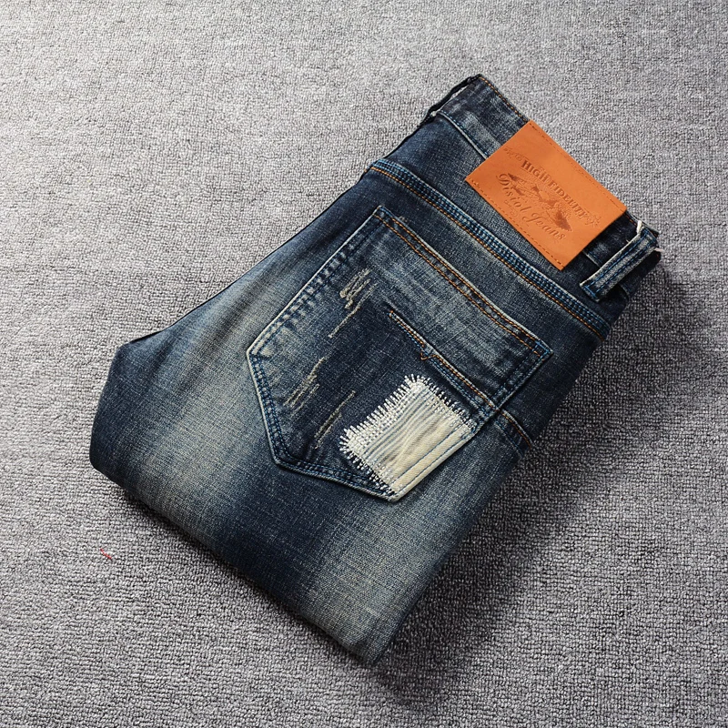 Newly Designer Fashion Men Jeans High Quality Retro Black Blue Elastic Slim Fit Ripped Jeans Men Patched Vintage Denim Pants