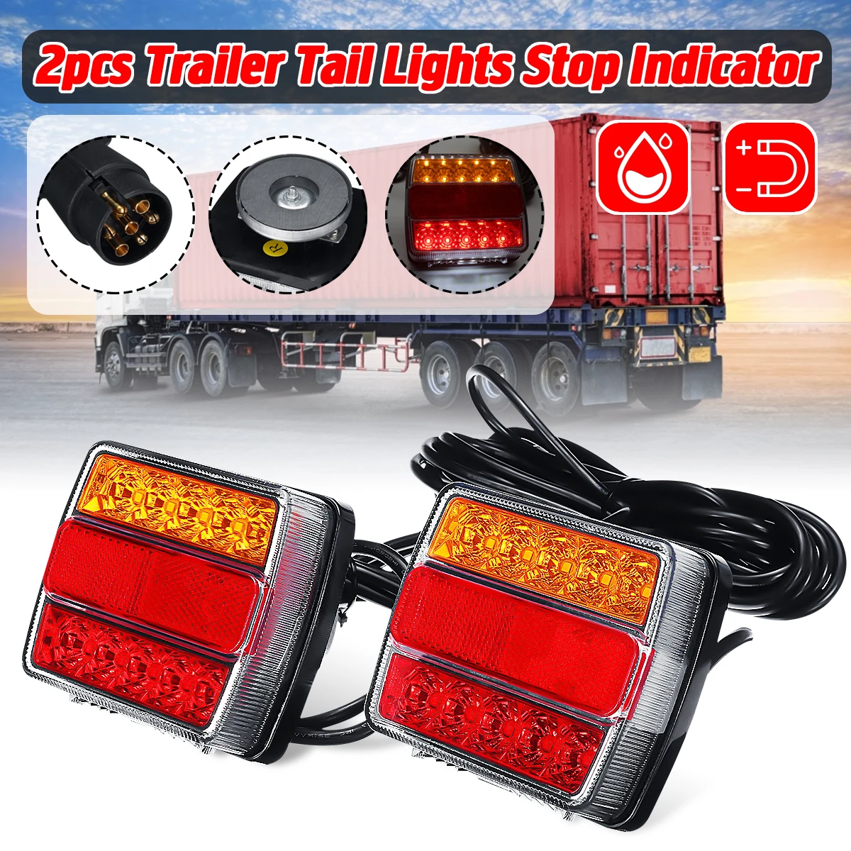 2x Rear Towing Tail Lights 12V 10m Line 7 Pin Kit Universal Brake Stop Indicator Lamp License Number Plate Waterproof Reflector