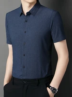 2022 summer men smart casual shirts navy blue black vertical stripe turn down collar short sleeve top male business clothings