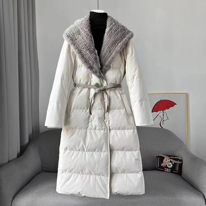 Real Women White Duck Down Coat Woman Natural Mink Fur Collar Hooded Parkas Long Coats Casacos