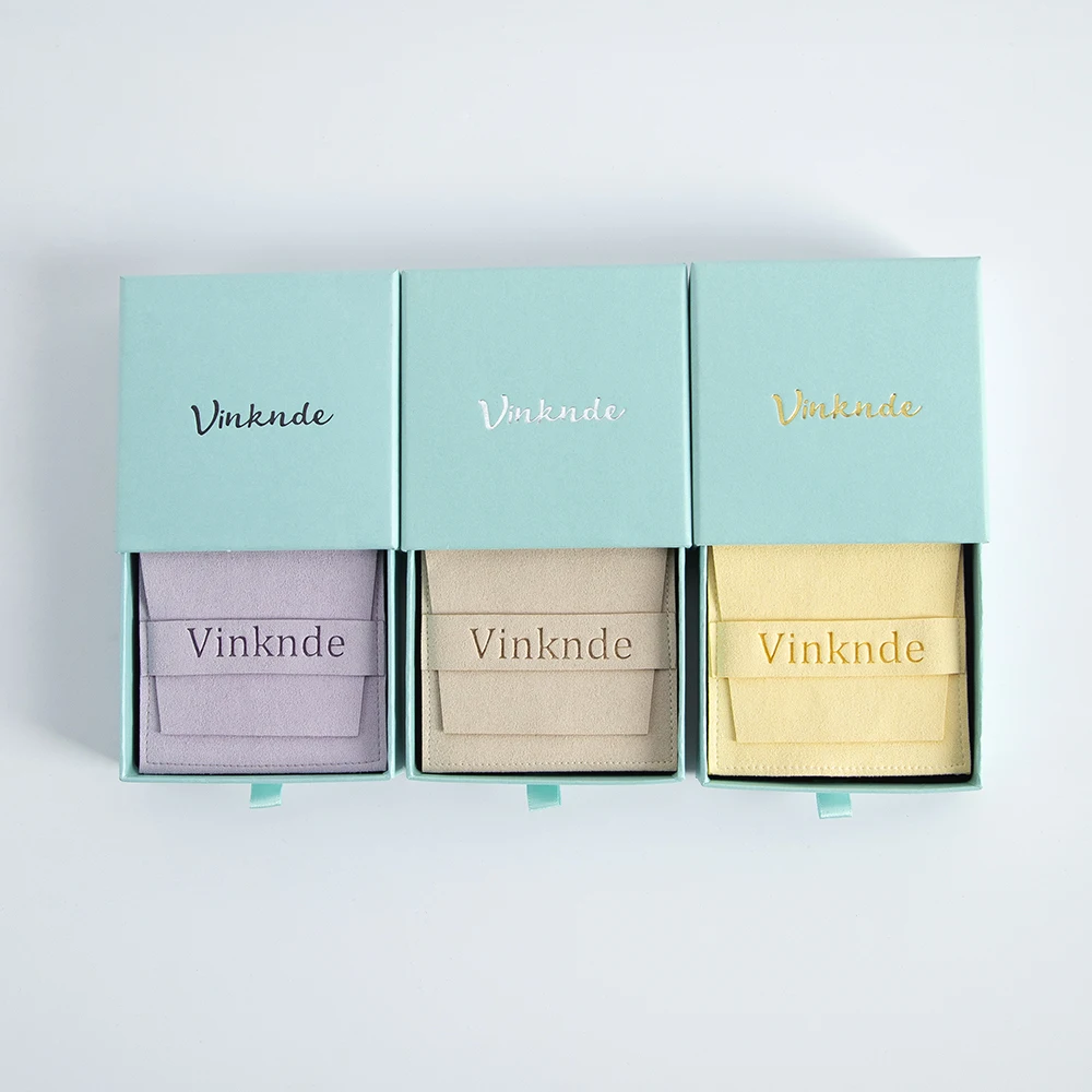 Custom Logo Cardboard Jewelry Box Pouches Ribbon Sliding Drawer Gift Cosmetics Earrings Ring Packaging Paper Case Microfiber Bag