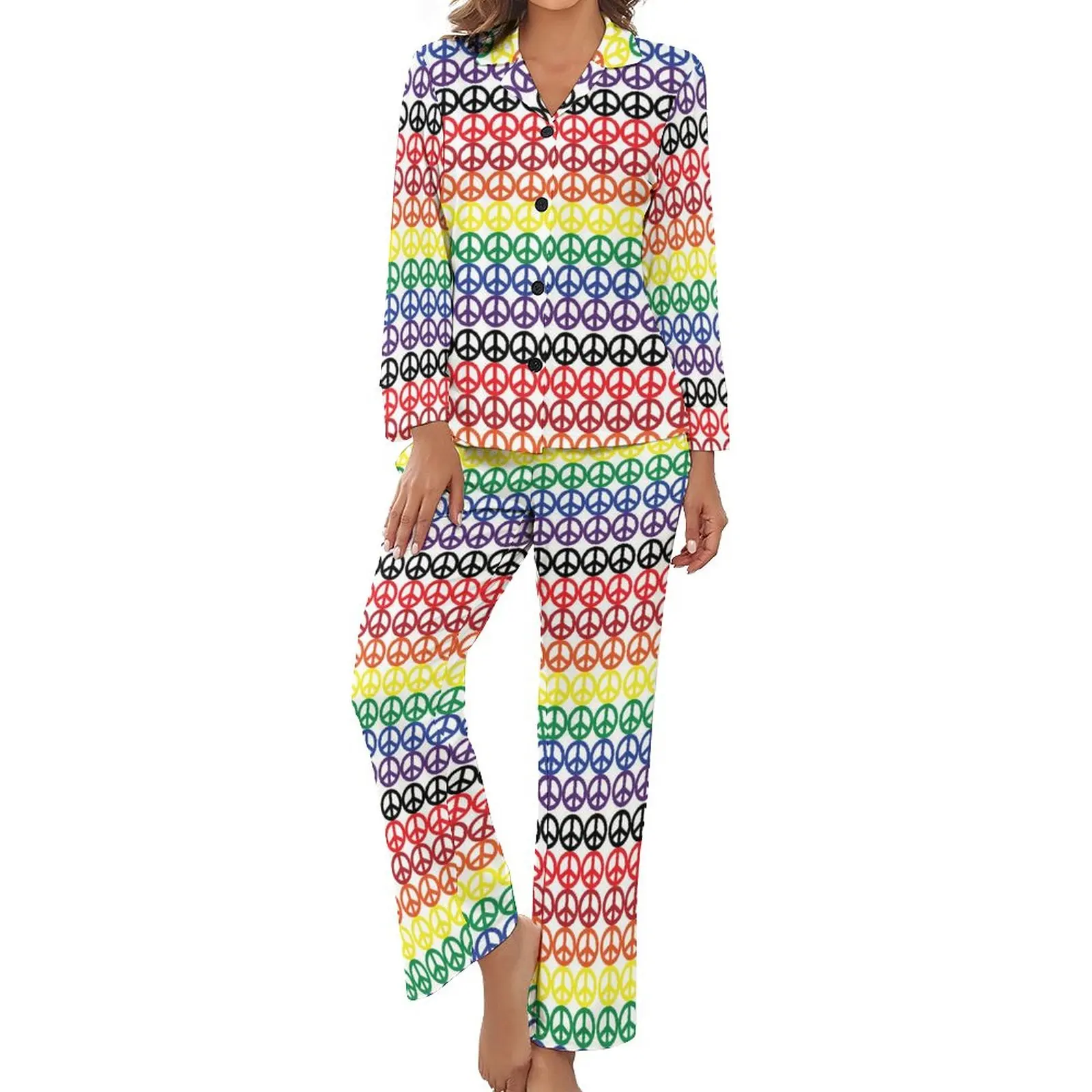 

Пижама с принтом символа Мира, ночная пижама в радужную полоску с V-образным вырезом, женская одежда для сна из 2 предметов, элегантный пижамный комплект с длинными рукавами на заказ