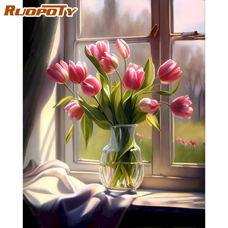 

RUOPOTY Diy Pictures By Numbers Kits For Adults Kill Time Handpainted Flowers Oil Painting By Number Home Decoration