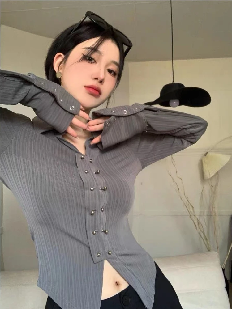 

Solid Irregular Blouses Women Turn Down Collar Single Breasted Shirts Female Slim Vintage Harajuku Spring Autumn Crop Tops 2022