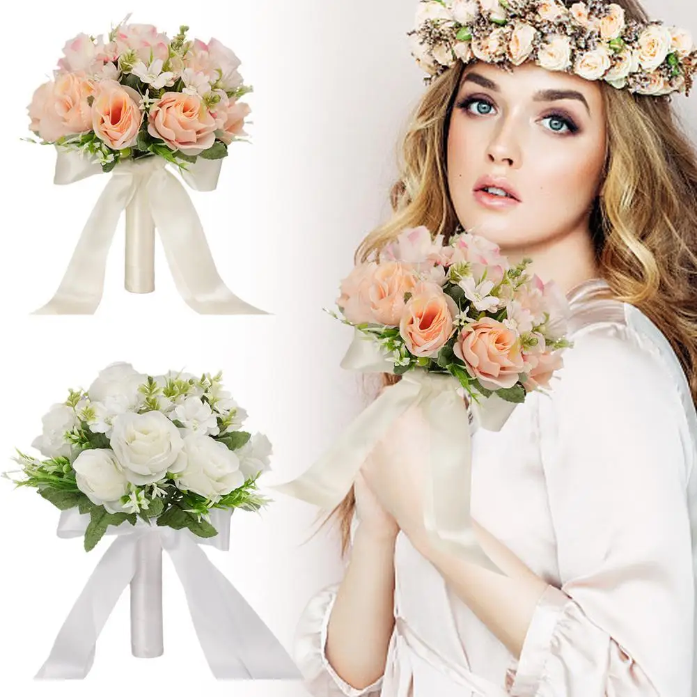

Bridal Bridesmaid Wedding Bouquet White Silk Flowers Roses Artificial Bride Mariage Bouquet Wedding Props Accessories