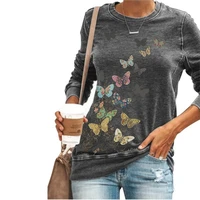 5 colors womens casual o neck elegant butterfly print long sleeve t shirts plus size cotton polyester tops all match pullover