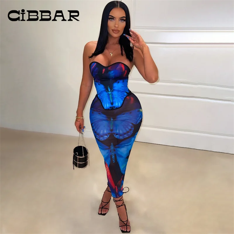 

CIBBAR Cartoon Butterfly Print Skirts Sets Harajuku Aesthetic Elegant Strapless Top+Maxi Skirt Suit Party Irregular Slim Women's