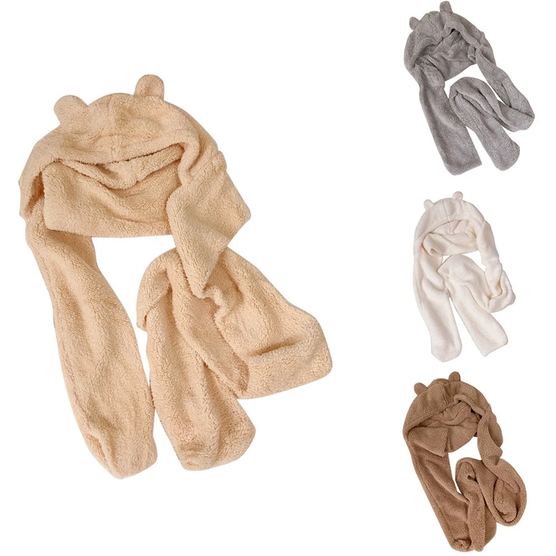 

Winter Warm Hat Hooded Scarf Cute Bear Ears Headgear Scarf One Unisex