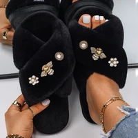 fur slippers women designer furry slides ladies flip flops pearl insect faux fur sandals indoor slippers female luxury shoes new