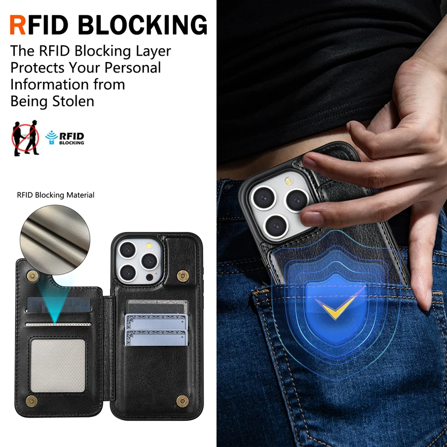 Фото Кошелек с RFID-защитой, антикражный магнитный кожаный чехол для iPhone 18 Pro Max 18 Pro, ударопрочный защитный чехол. №5