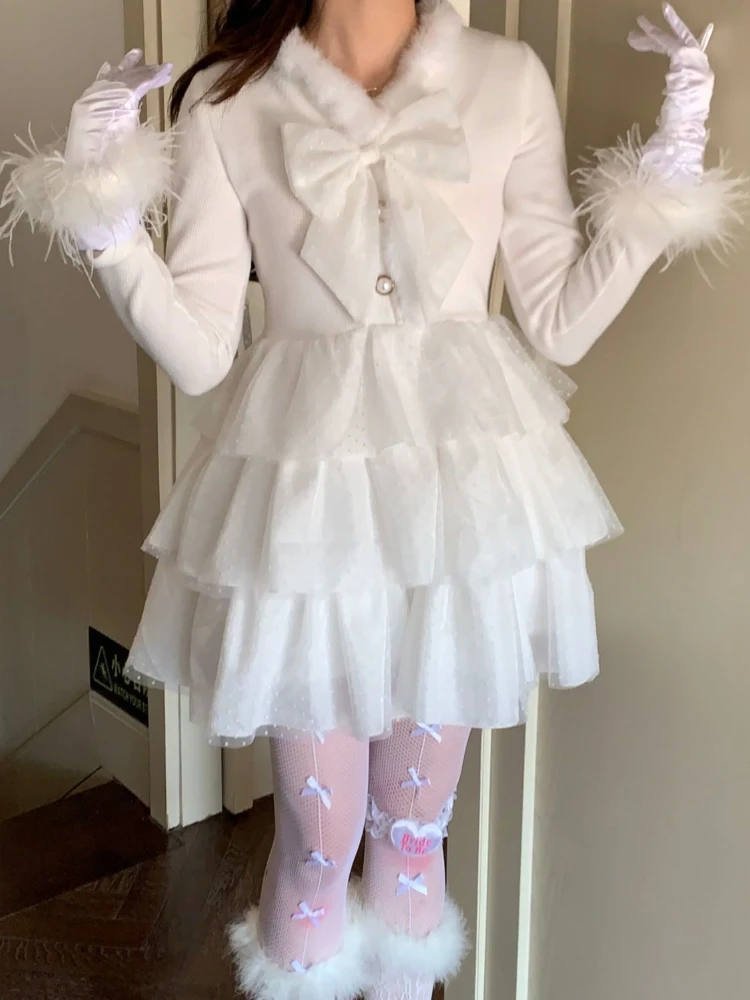 

2022 Spring Lolita Y2k Mini Dress Woman Sweet Kawaii Long Sleeve Casual Dress Bow Design Party One Piece Dress Korean Fashion