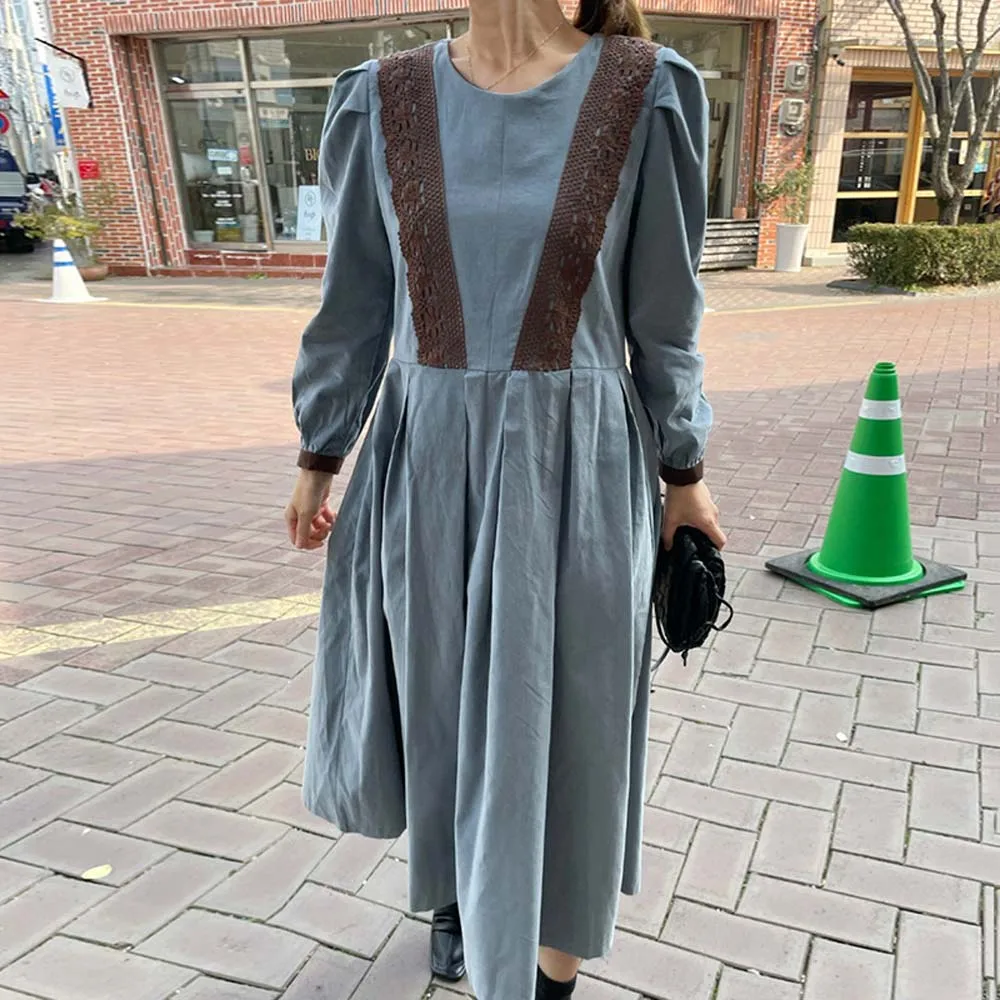 

Шикарное винтажное кружевное плиссированное платье с круглым вырезом и высокой талией, свободное платье с пышными рукавами, длинная юбка, Я...