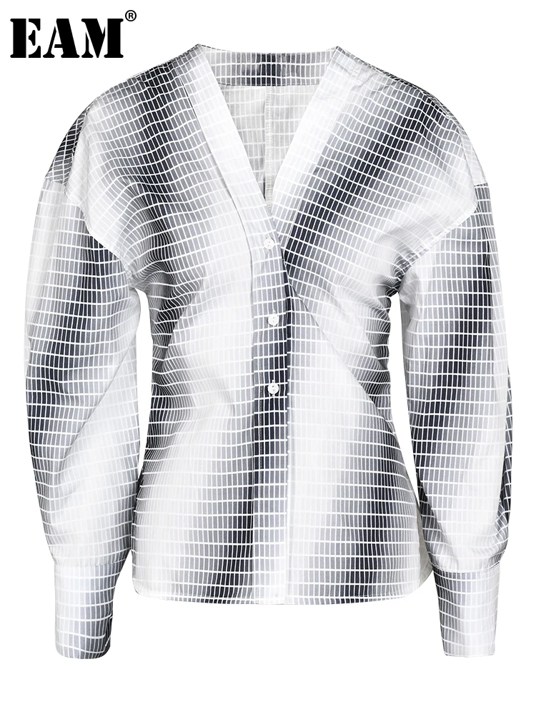 

[EAM] Women Printed Shaped Elegant Blouse New V-neck Long Sleeve Loose Fit Shirt Fashion Tide Spring Autumn 2023 CP18380