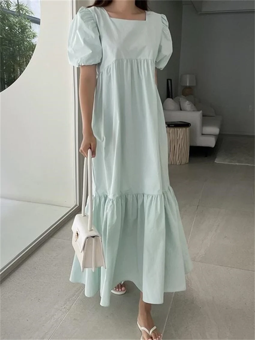 

HziriP Beach Women Stylish Princess Long Dress Square Collar Summer Chic Hot Puff Sleeve Solid Elegant All Match Loose Holiday