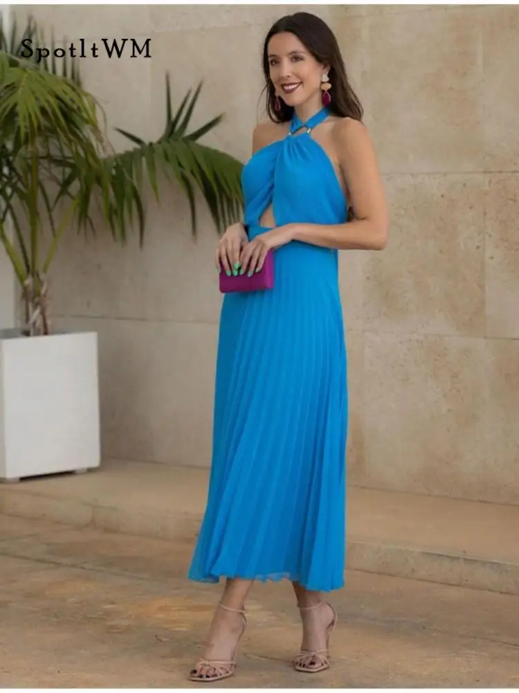 

Elegant Halter Hollow Out Maxi Dress Women Sleeveless Backless Lace Up Pleated Dresses 2023 Fashion Female Night Party Vestidos