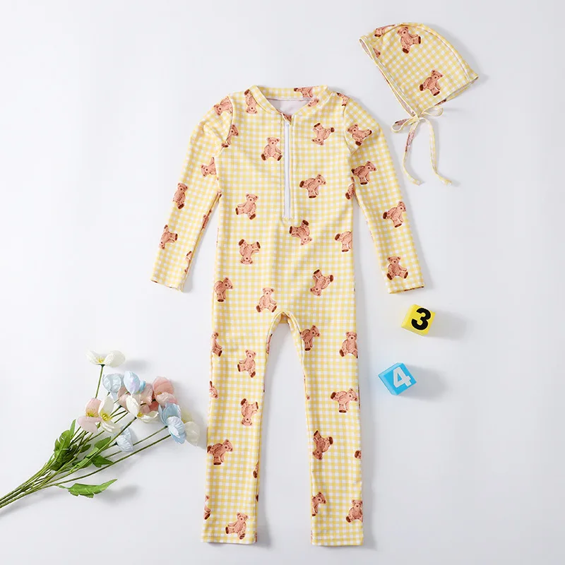 Детские купальники для девочек купальник в клетку с мультяшным медведем и шапкой