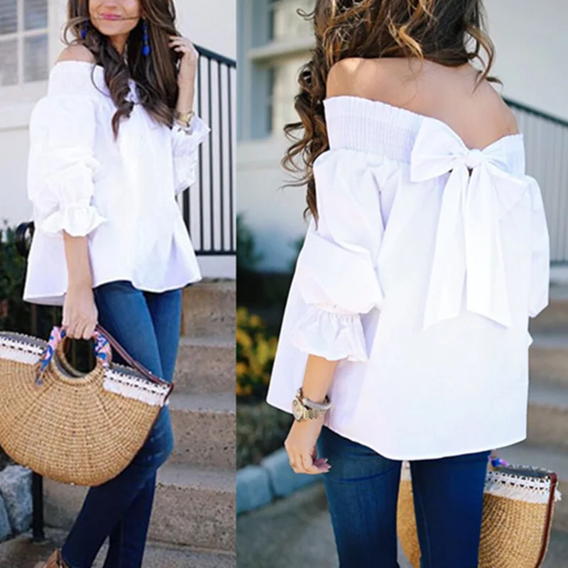 

Blouse New Bowknot Tops Slash Neck Shirts Casual Loose Blusas new Sexy Off Shoulder 2022 Spring Summer Strapless Women Blouse