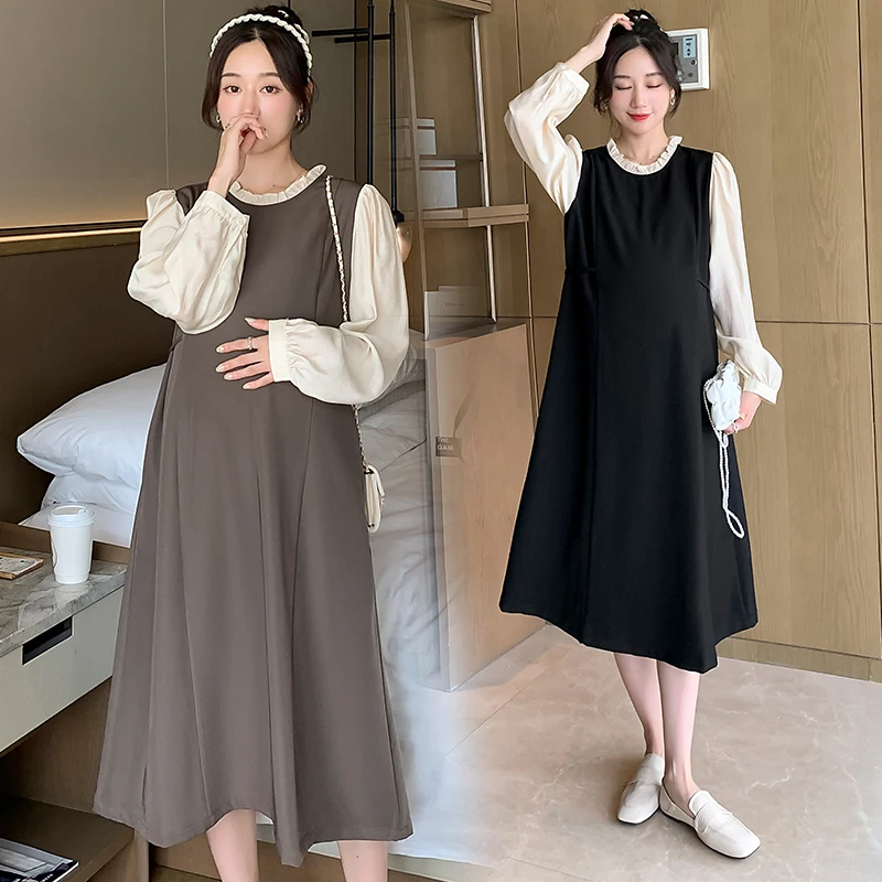 

Maternity Dress Spring Korean Long Party Dress Chic Ins Elegant A Line Slim Clothes For Pregnant Women Sweet Pregnancy Dress