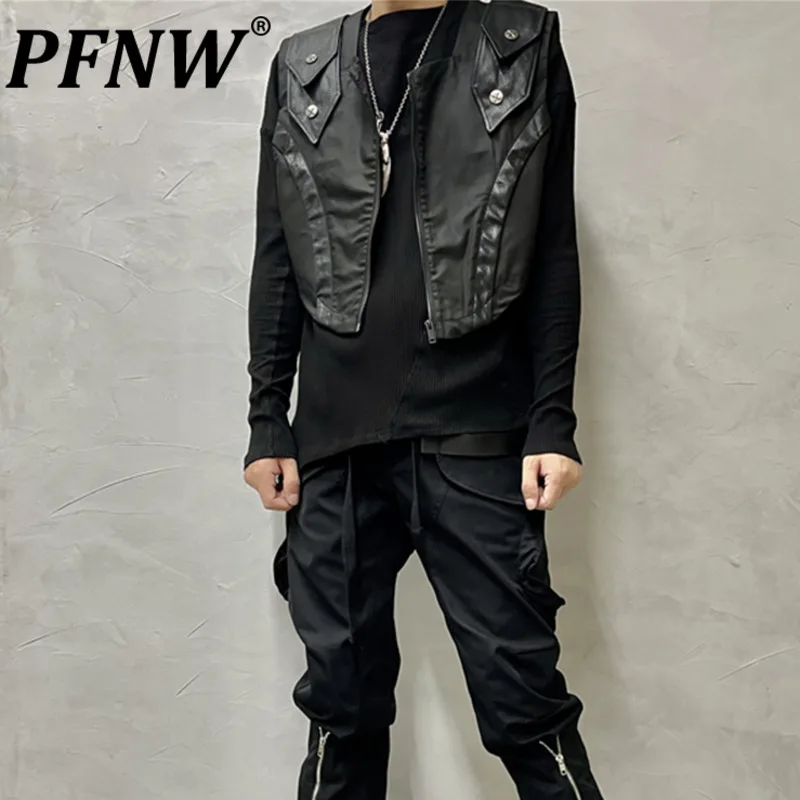 

PFNW Darkwear Retro Gothic Sleeveless Zipper Vest Personalized Patchwork Trend Shoulder Popular Collar Tops Men's 12A5759