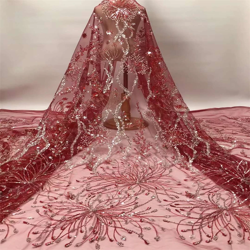 

Nigeria Women's Tube Beads Sewing Material 5 Yards High Quality Sequins Embroidery French Lace Fabric For Bridal HX-310