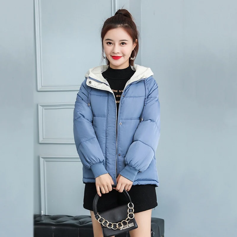 Winter Warm Hooded Cotton Padded Jacket Streetwear Women Short Thicken Parkas Korean Long Sleeve Loose Windproof Bread Outwear