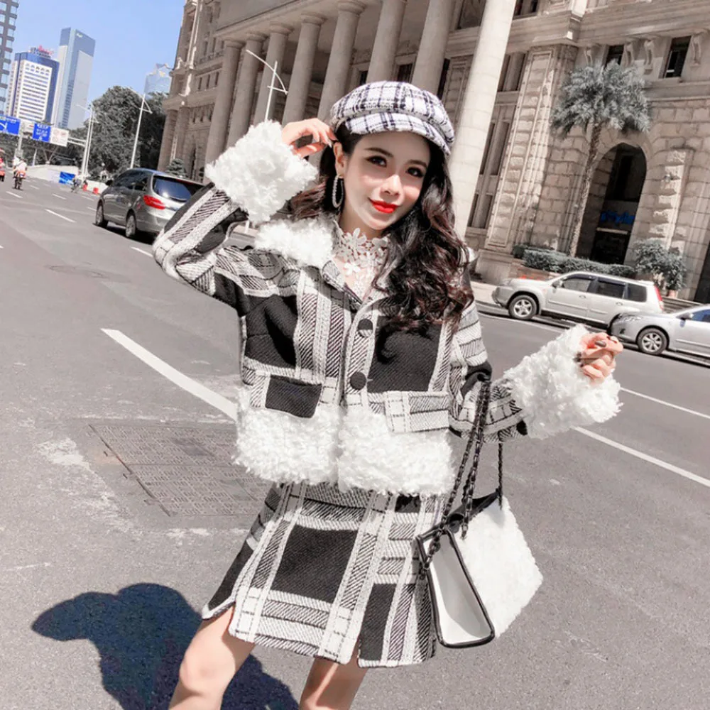 

Autumn Winter 2022 Skirts Sets Thicken Lamb Wool Splice Quilted Jacket Coat + Plaid A-line Mini Skirt Two-piece Outfits Women