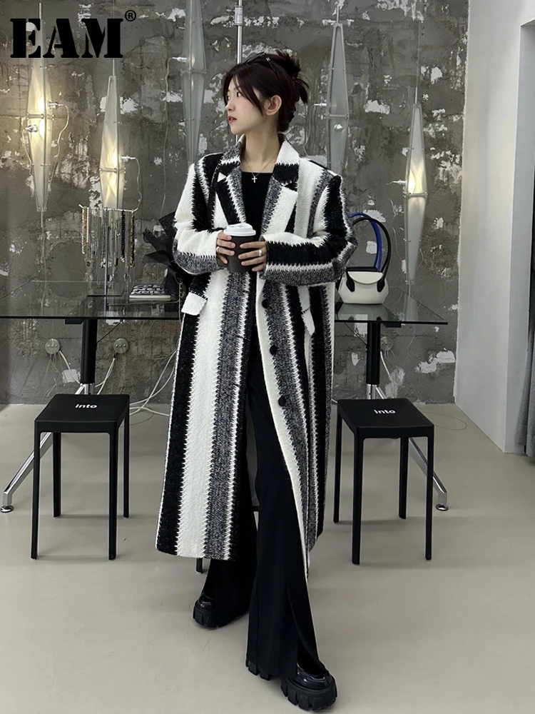 

[EAM] Big Size Striped Long Big Size Thick Warm Woolen Coat Parkas Lapel New Long Sleeve Fashion Autumn Winter 2023 1DF3555