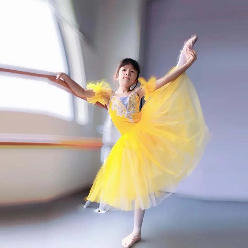 

Sleeveless Lace Yellow Pink White Ballet Tutu Professional Kids Child Long Ballet Dance Romantic For Girls Ballerina Dress
