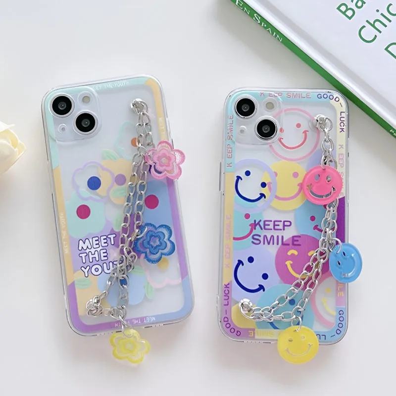 Smiley Flower Chain Rope Soft Silicone Phone Case For Xiaomi Redmi Note 11S 10S 9S 7 8 9 10 11 Pro Max 9C 9T 9A 10A 10C 12 Cover