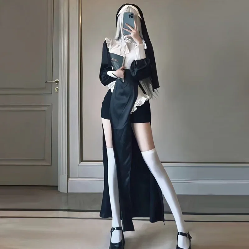 Аниме Сексуальная монахиня Косплей Униформа прелеченные черные костюмы для