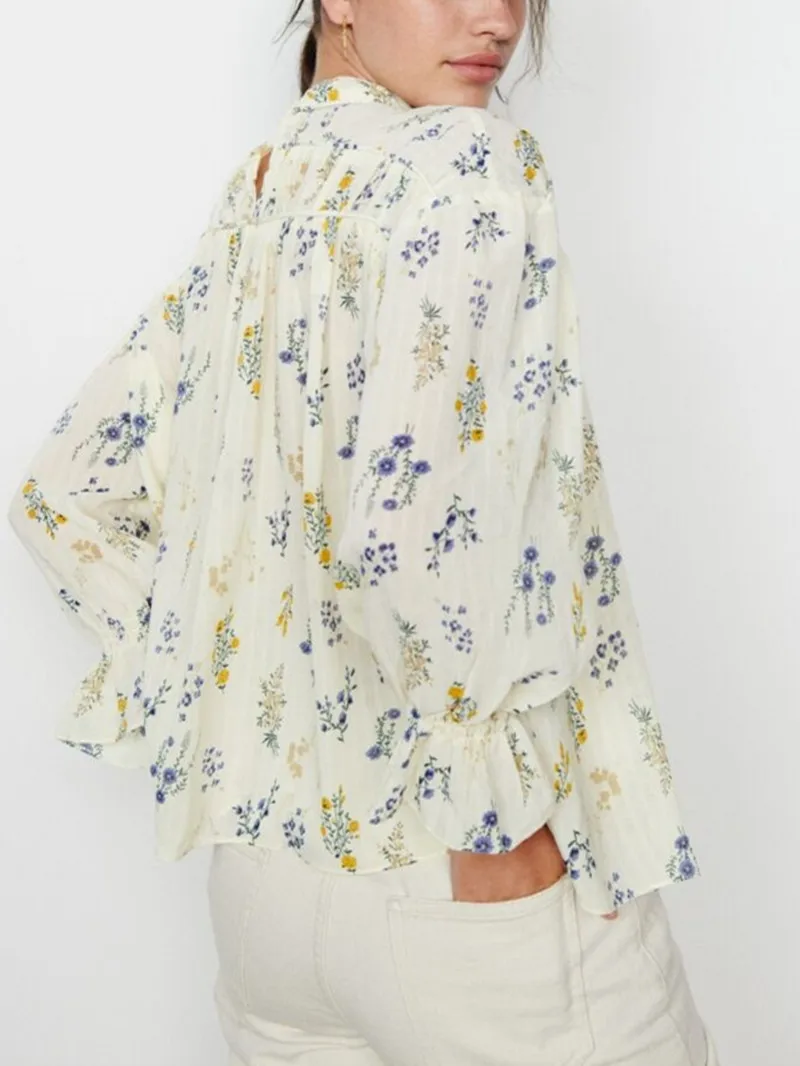 

Ladies Stand Collar Shirt Long Puff Sleeve Floral Print French Female Loose Pleated Blouse Top Holiday 2022 New
