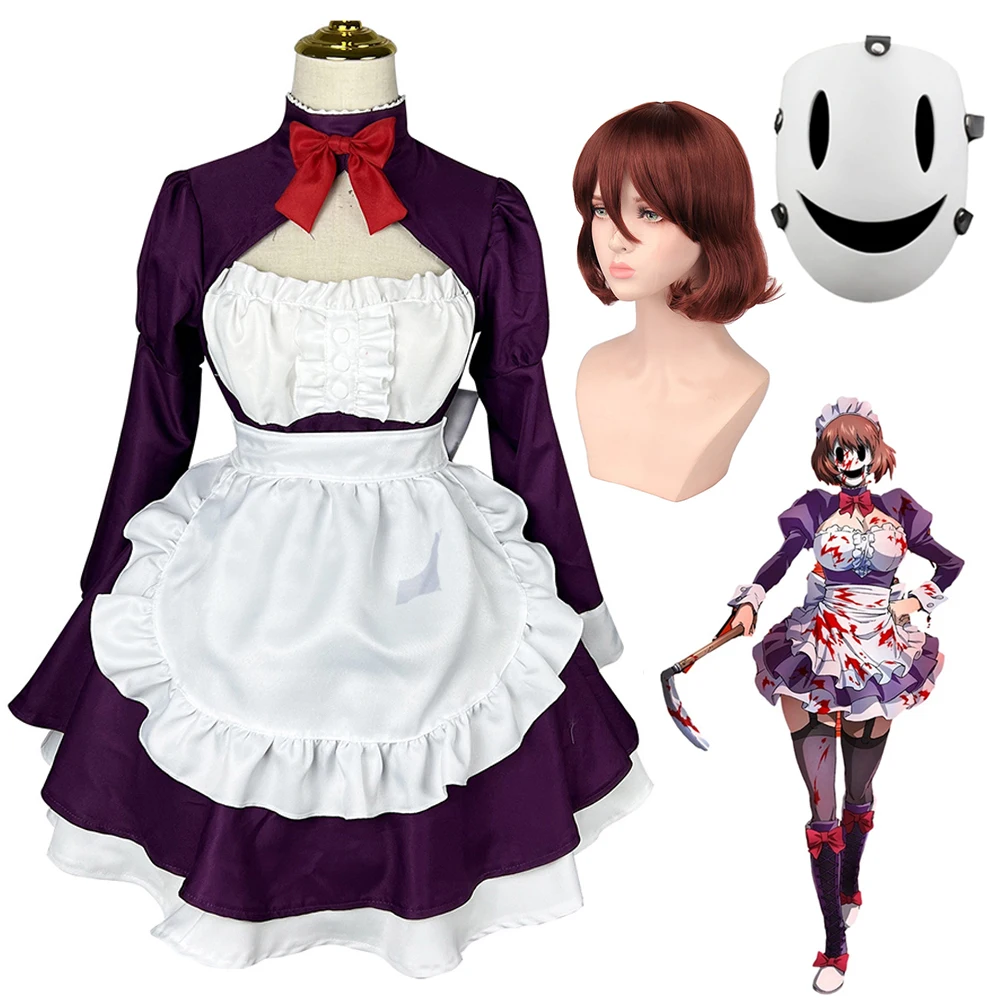 

Anime High Rise Invasion Fuku Kamen Cosplay Costume Sexy Purple Maid Dress Apron Wig Mask Suit Lolita Dress Halloween Costumes