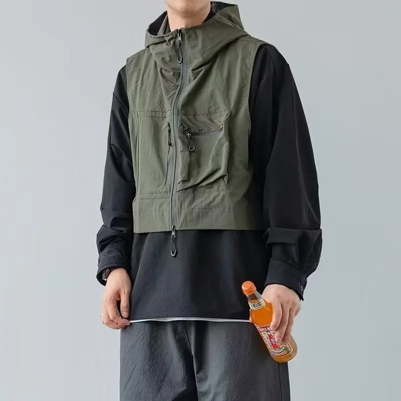 

Японская функциональная короткая Рабочая куртка с капюшоном, мужская летняя уличная Свободная кофта с несколькими карманами, жилет без рукавов