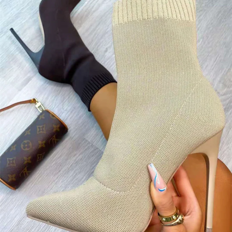 

Female High Heels PU Solid Color Tip Stiletto Super Heel Short Boots Middle Cut Non Slip Shoes for Women Bride