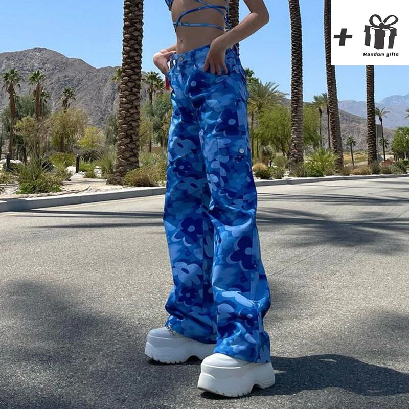 American Street Personality Blue Flower Straight Pants Casual Pants Hot Girl Woven Pants Women Streetwear Women Sweatpants Women