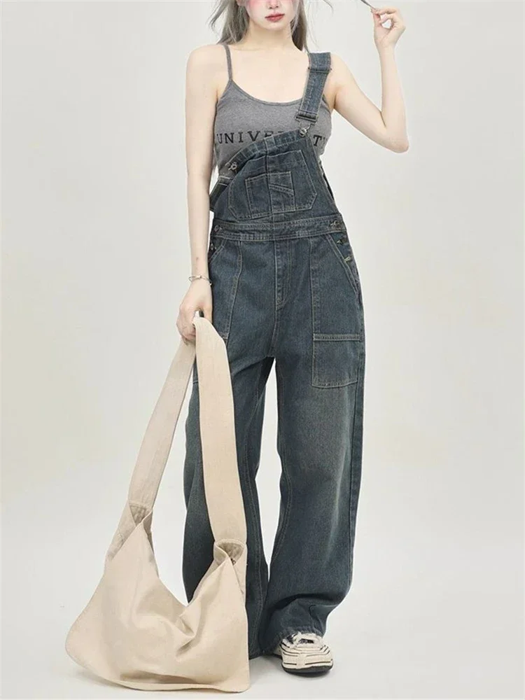 Women's Casual Blue Overalls Fashion Wide Leg Girl Suspender Jumpsuits Pants Female Streetwear Rompers Straight Denim Trouser
