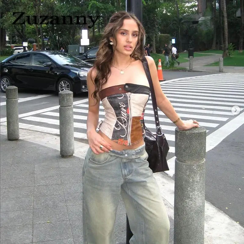 

Женский облегающий Топ без рукавов Zuzanny Y2K, летний уличный топ на молнии без бретелек с принтом в винтажном стиле