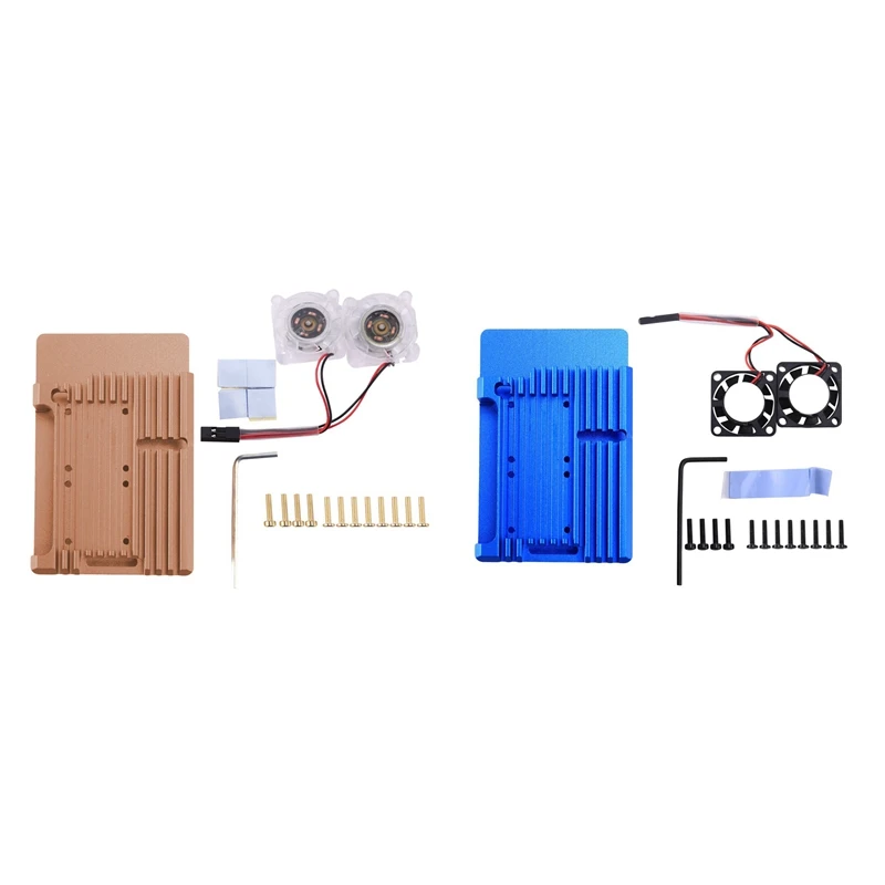 2Set For Raspberry Pi 4 Aluminum Case With Dual Cooling Fan Metal Shell Enclosure For RPI 4 Model B,Golden & Blue