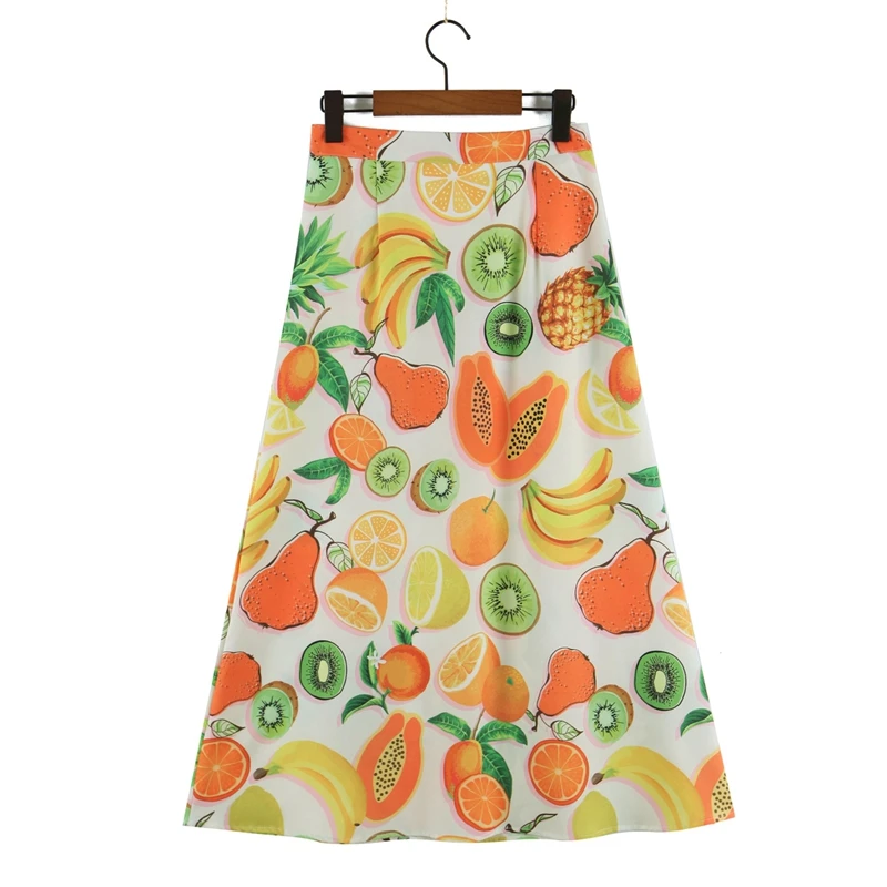 Летняя юбка миди с высокой талией и принтом фруктов Женская трапециевидная