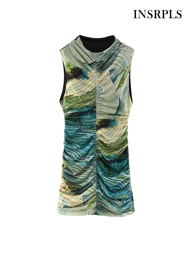 

INSRPLS Женская мода с рюшами Печатный Тюль Мини платье винтажное с высоким воротником без рукавов женские платья Vestidos Mujer