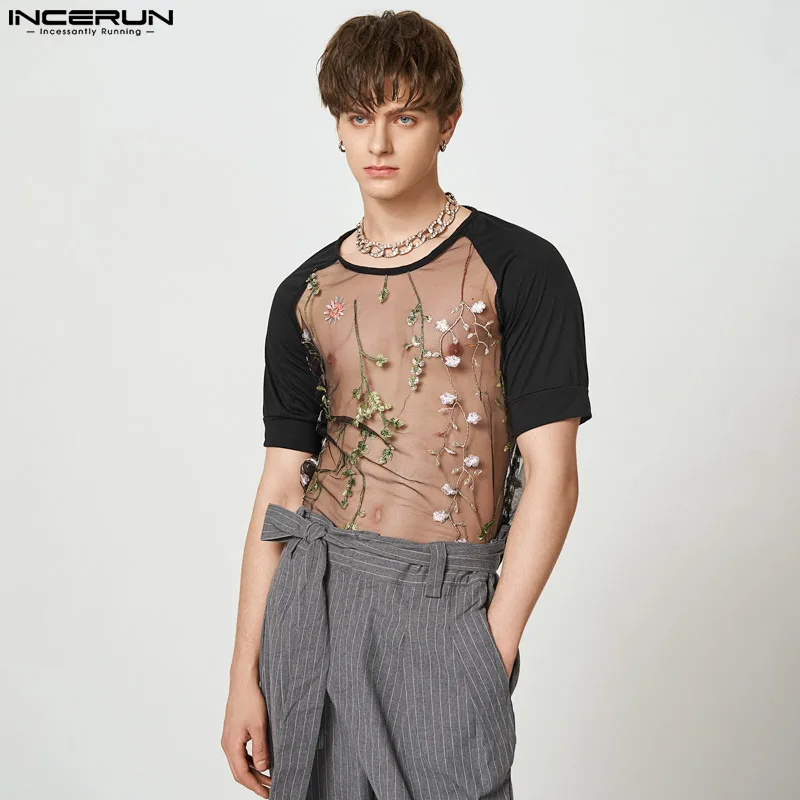 

Tops 2023 Sexy Streetwear Short Men's Net Yarn Lace Tees Stitching Flower Five-point Sleeve Short-sleeved T-shirts S-5XL INCERUN