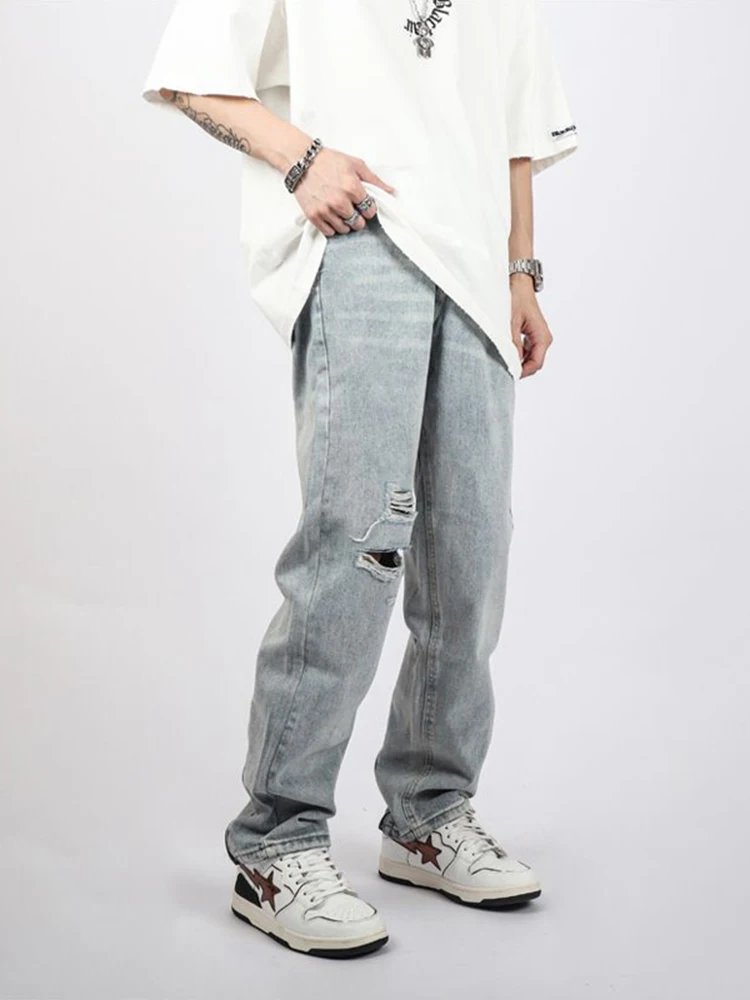 Baggy Men's Jeans with Zipper Design and Ripped Details, Y2K Casual Loose Denim Pants, High Street Fashion Ins Style JEANS